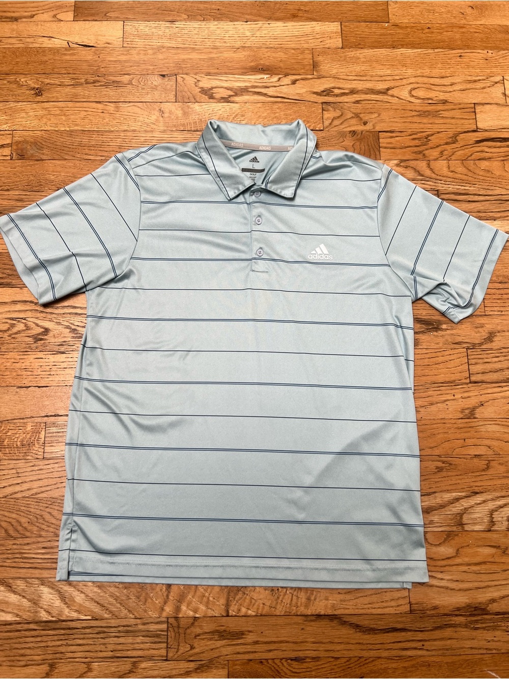 adidas Men’s Seafoam Blue Polo with Thin Navy Stripes - Picture 2 of 4
